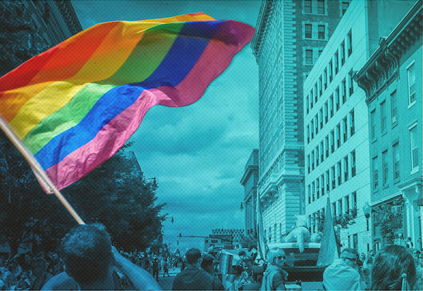 Image of city with a pride flag