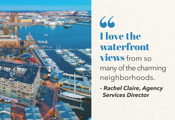 Harbor boat docks with quote: "I love the waterfront views from so many of the charming neighborhoods." - Rachel Claire, Agency Services Director